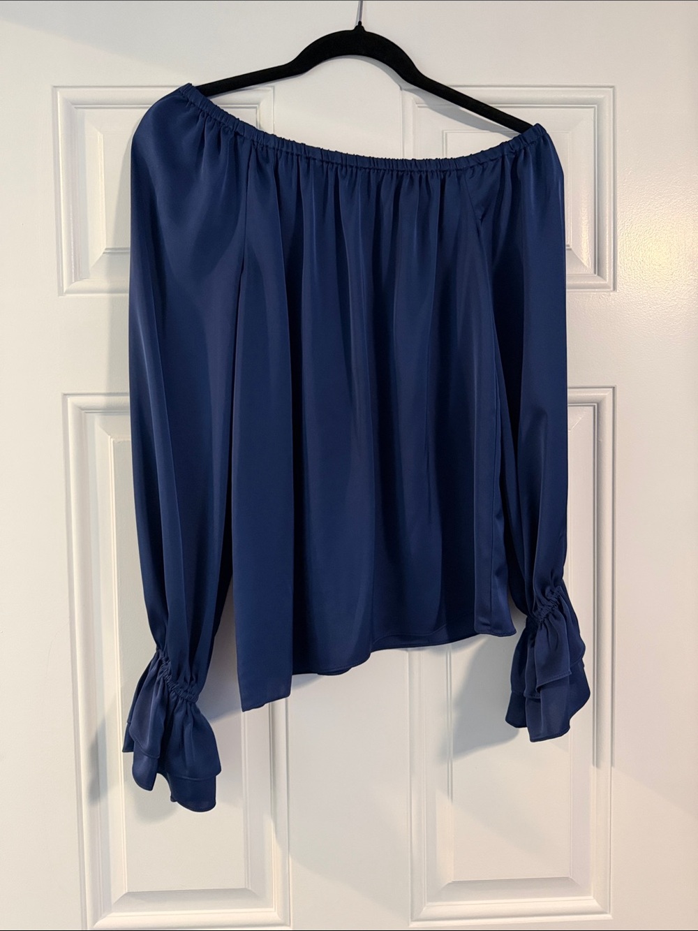 Ramy Brook Off-Shoulder Navy Blouse with cinched Cuffs